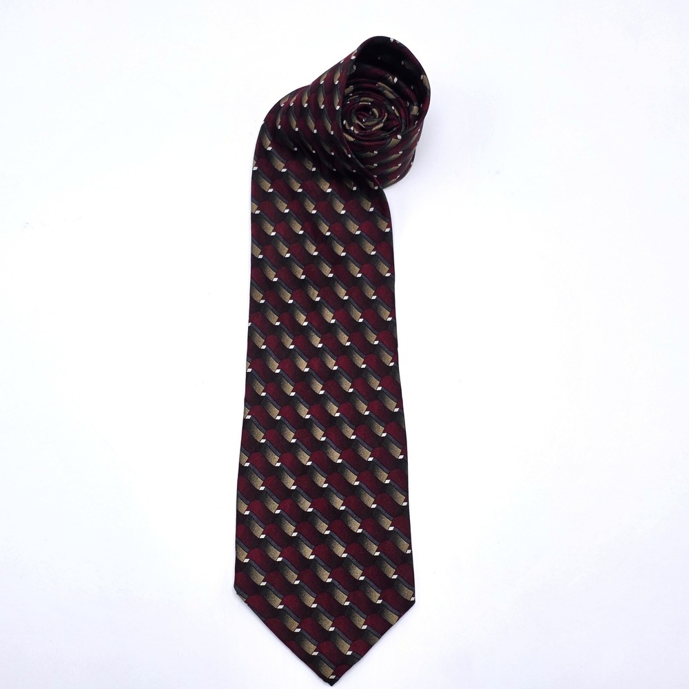 Louis Roth Mens Silk Necktie Burgundy Gold Grey Geometric Wave Hand Made 4 inch